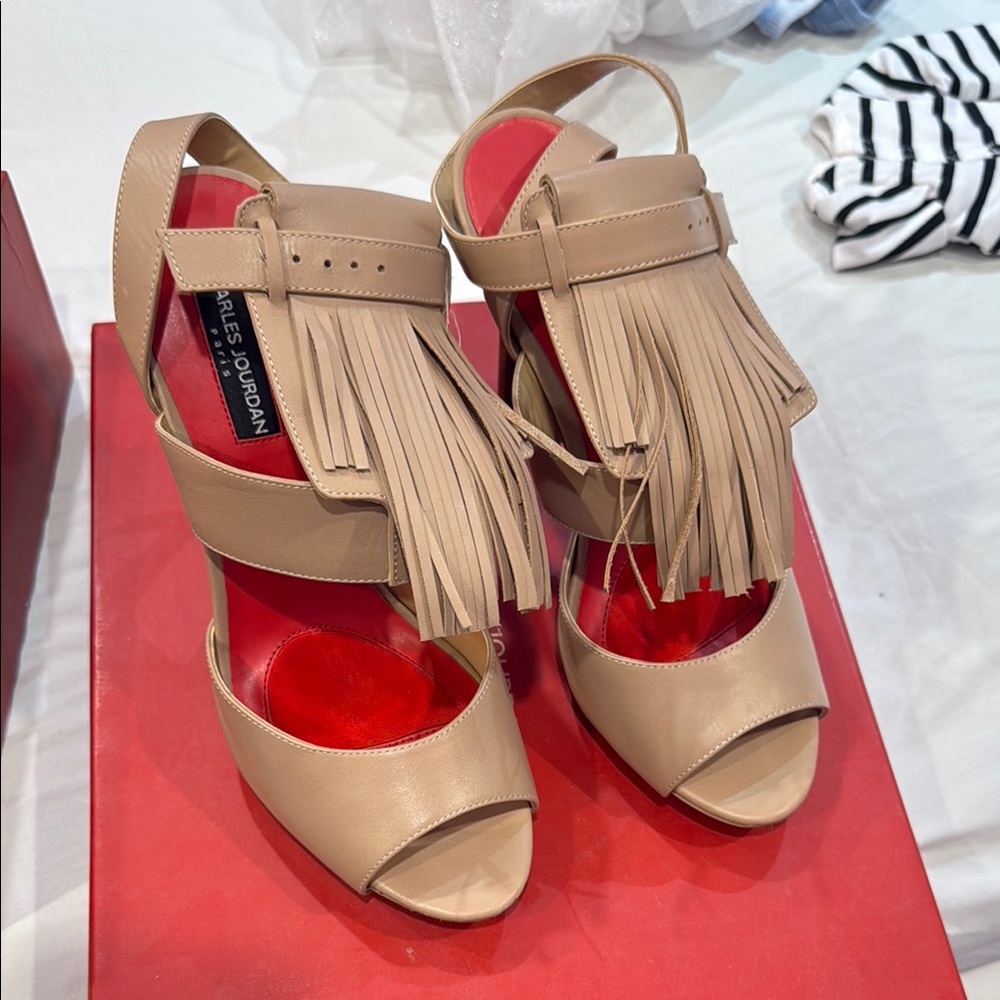 Charles Jourdan Tan and Red Heels with Fringe Detail